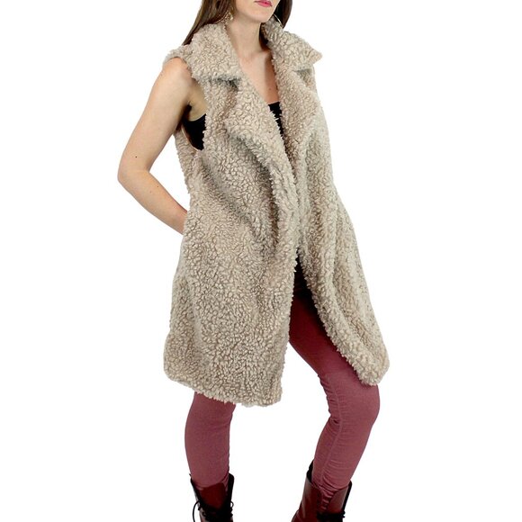 Soft Cozy Shaggy Faux Fur Long Vest Fuzzy Wrap Khaki - Picture 5 of 9